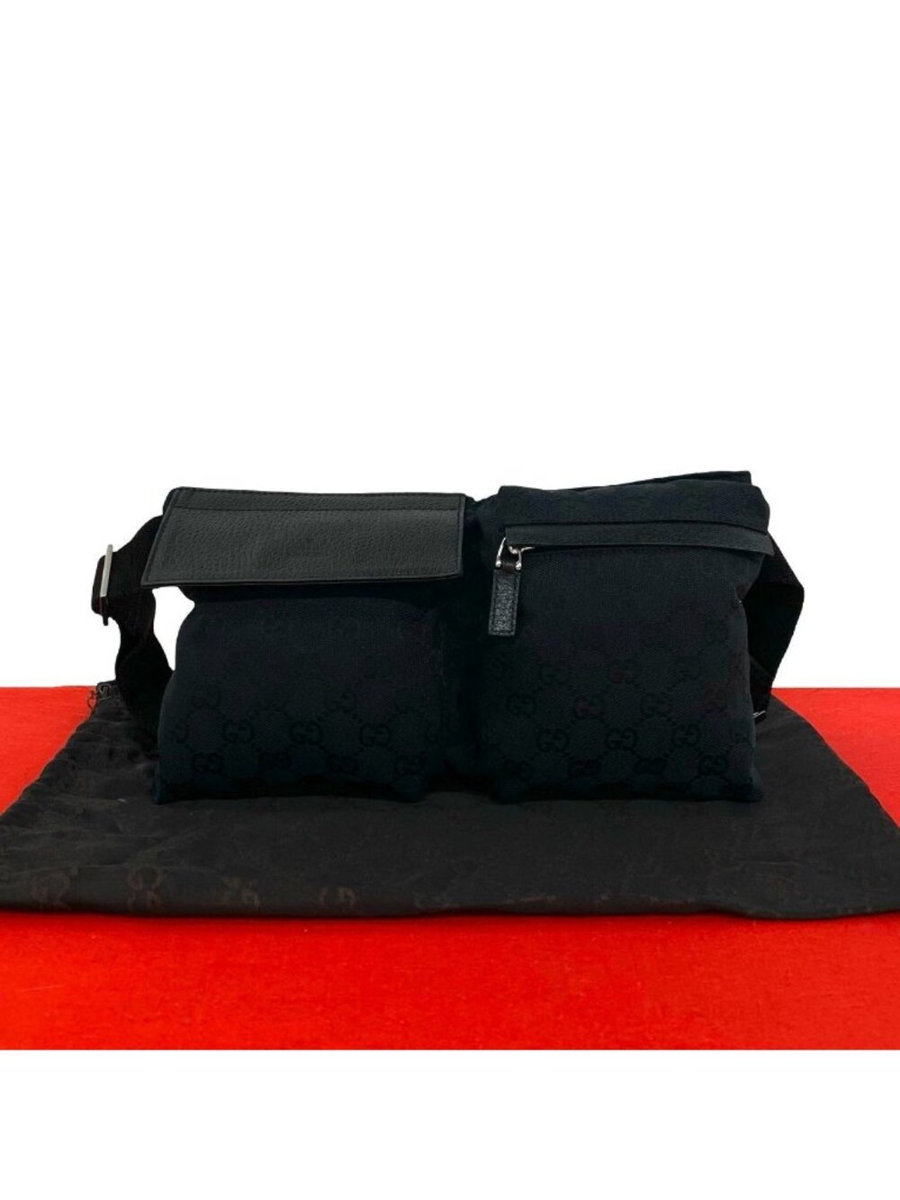 Gucci GG All Over Pattern Canvas Leather Belt Bag Waist Pouch Black